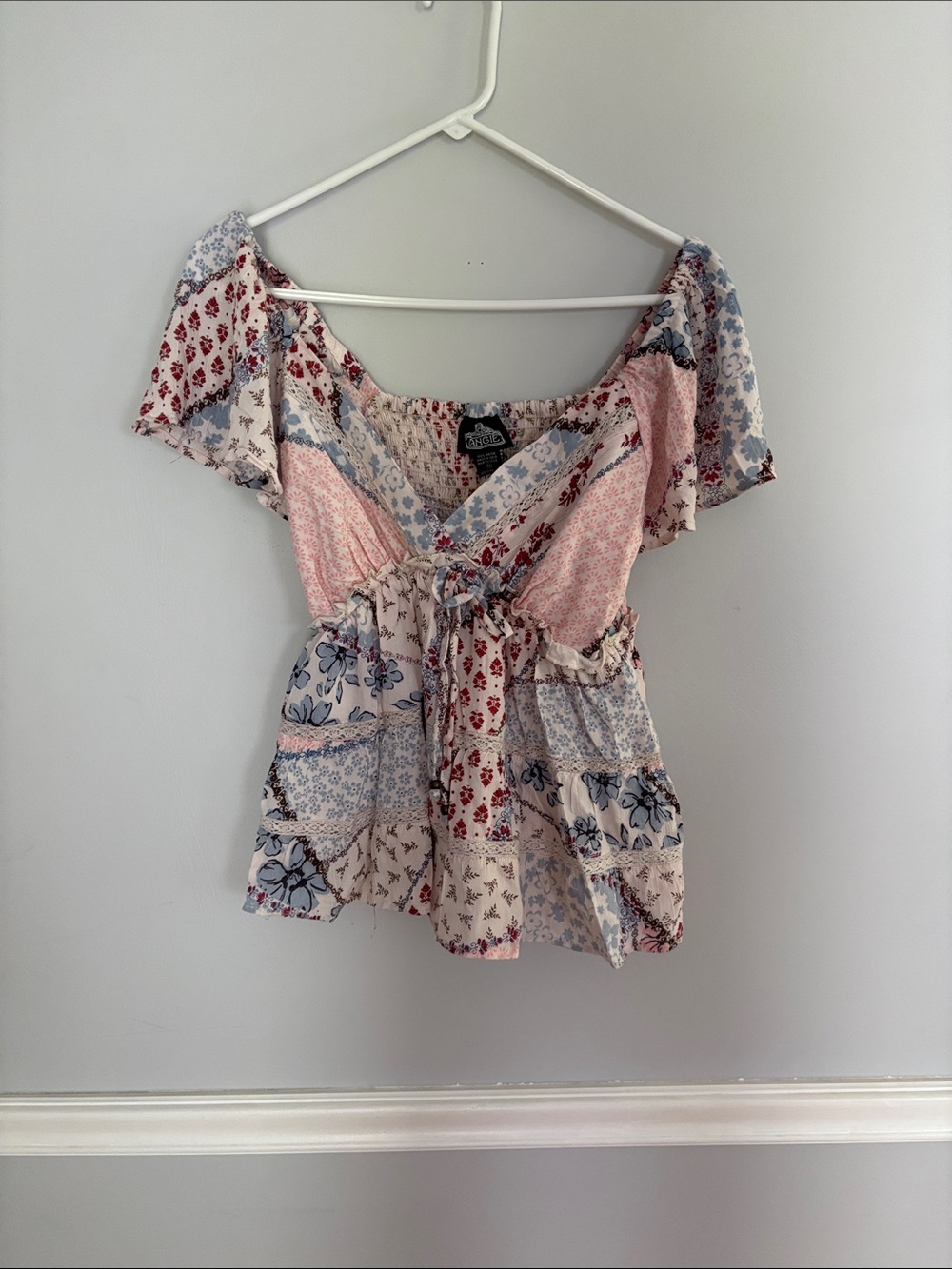 Angie Patchwork Tie-Front Peasant Top - Pink, Blue